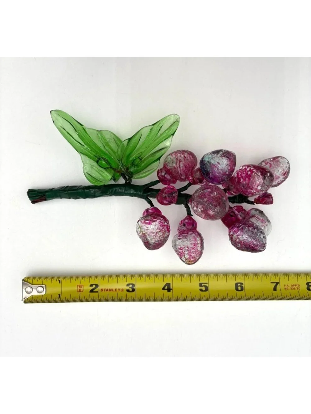 Vintage Handblown Glass Grape Cluster With Green Leaves Pink & Clear Decorative